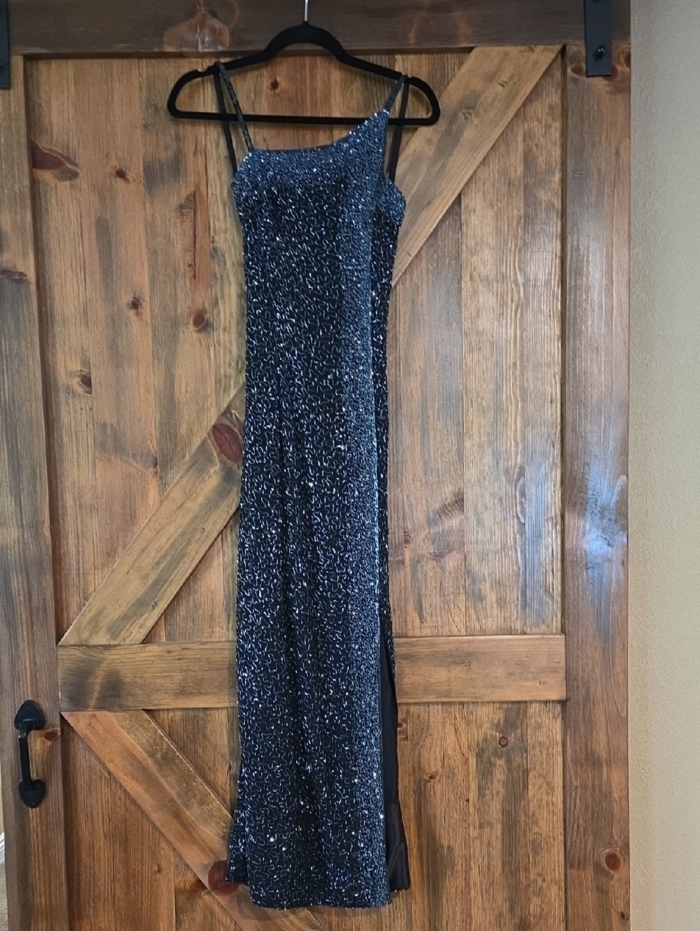 Small Cache Black/Blue/Silver Sequin Beaded Formal Maxi Dress, Scoop Back